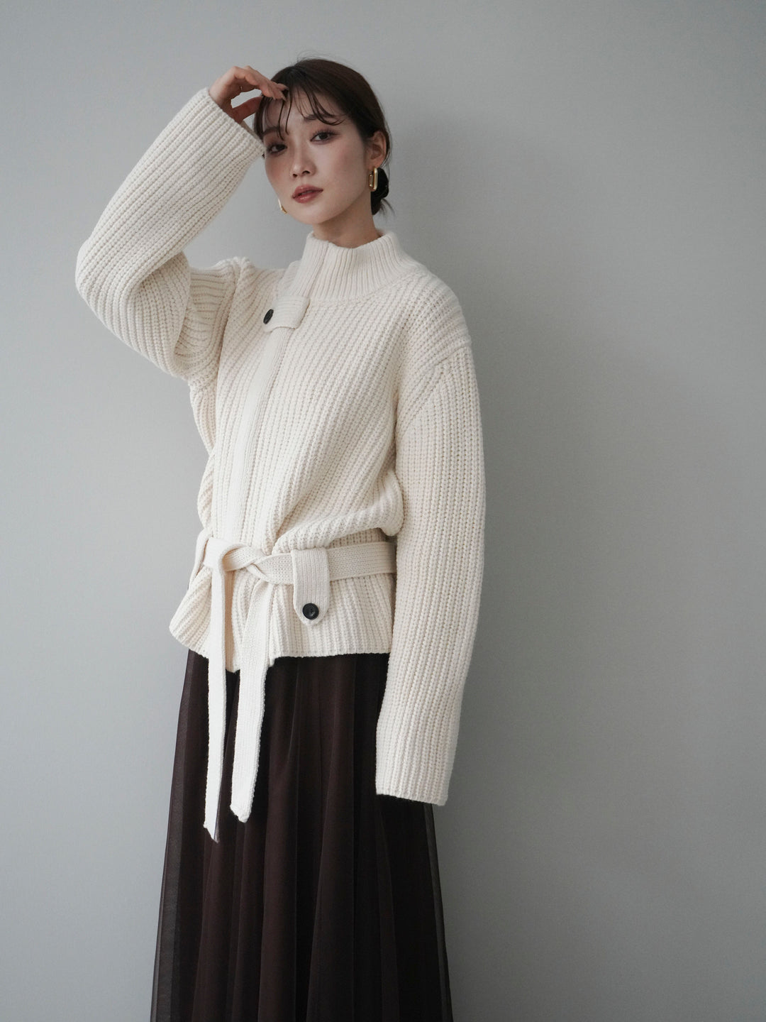 [予約]畦編みボトルネックZIPニットカーディガン/white