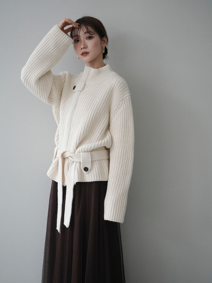 [予約]畦編みボトルネックZIPニットカーディガン/white