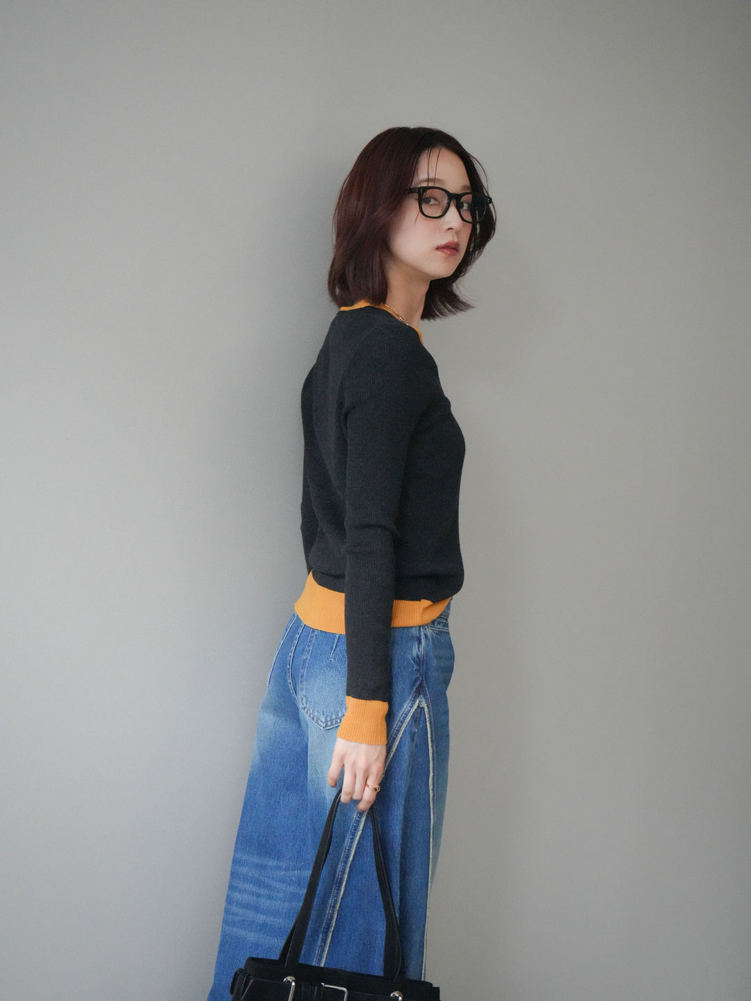 [SET]Uネック配色レイヤードリブニットトップス+サイドフリンジワイドデニムパンツ(2set)