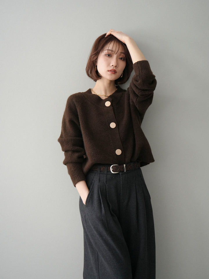 [SET]BIGボタンニットカーディガン+アニマル柄ベルト付きウールタッチワイドパンツ(2set)