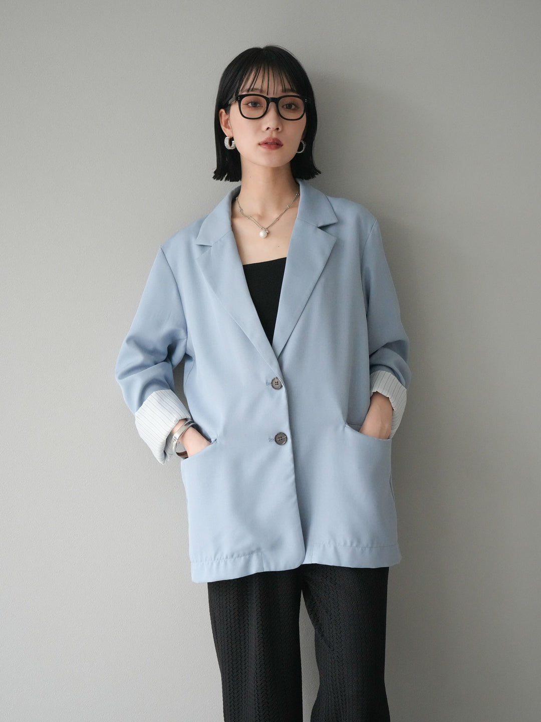 [予約]リネンタッチテーラードジャケット/ライトブルー