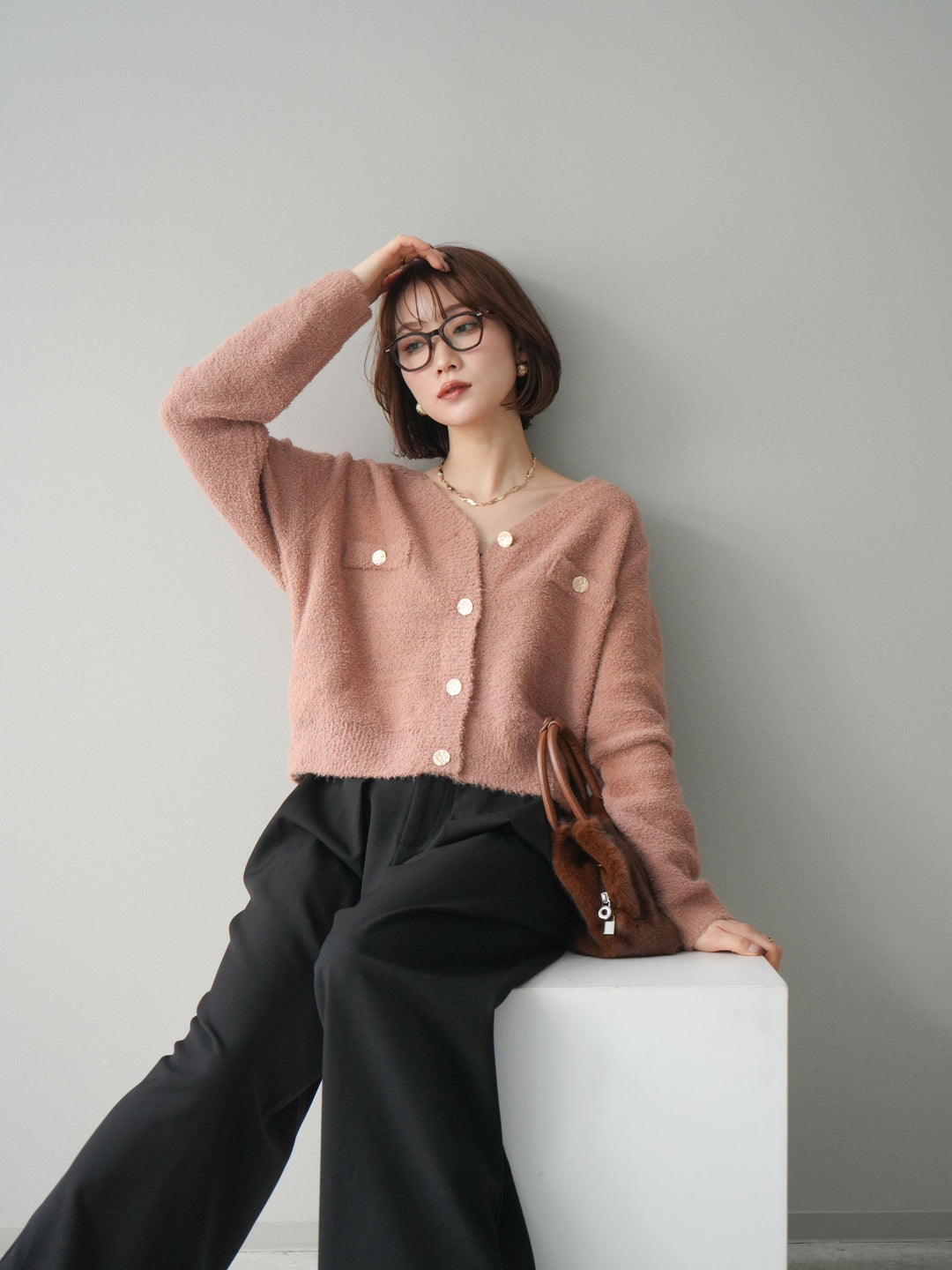 [SET]ゴールドボタンモールニットカーディガン+ベルトループデザインワイドパンツ(2set)