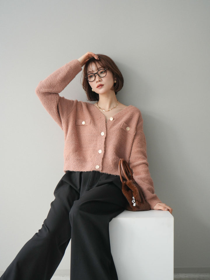 [SET]ゴールドボタンモールニットカーディガン+ベルトループデザインワイドパンツ(2set)
