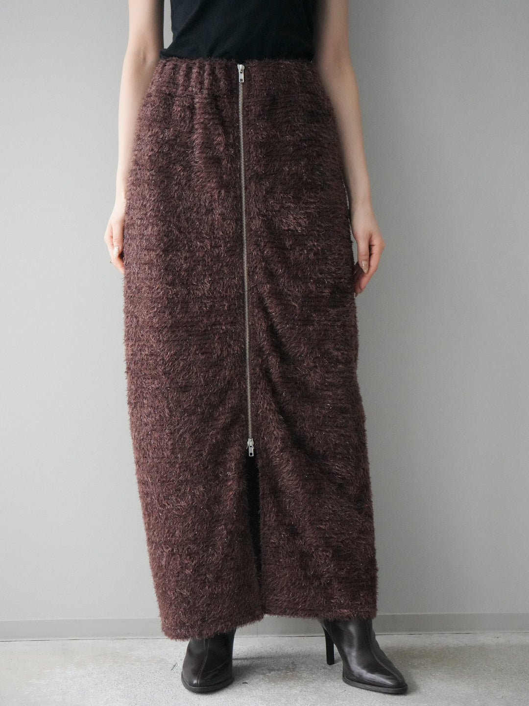 [予約]ラメシャギーフロントジップスカート/brown