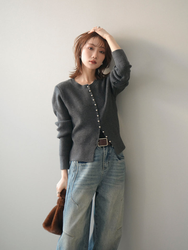 [SET]シルバーボタン畦編みニットカーディガン+ベルト付カーブデニムパンツ(2set)