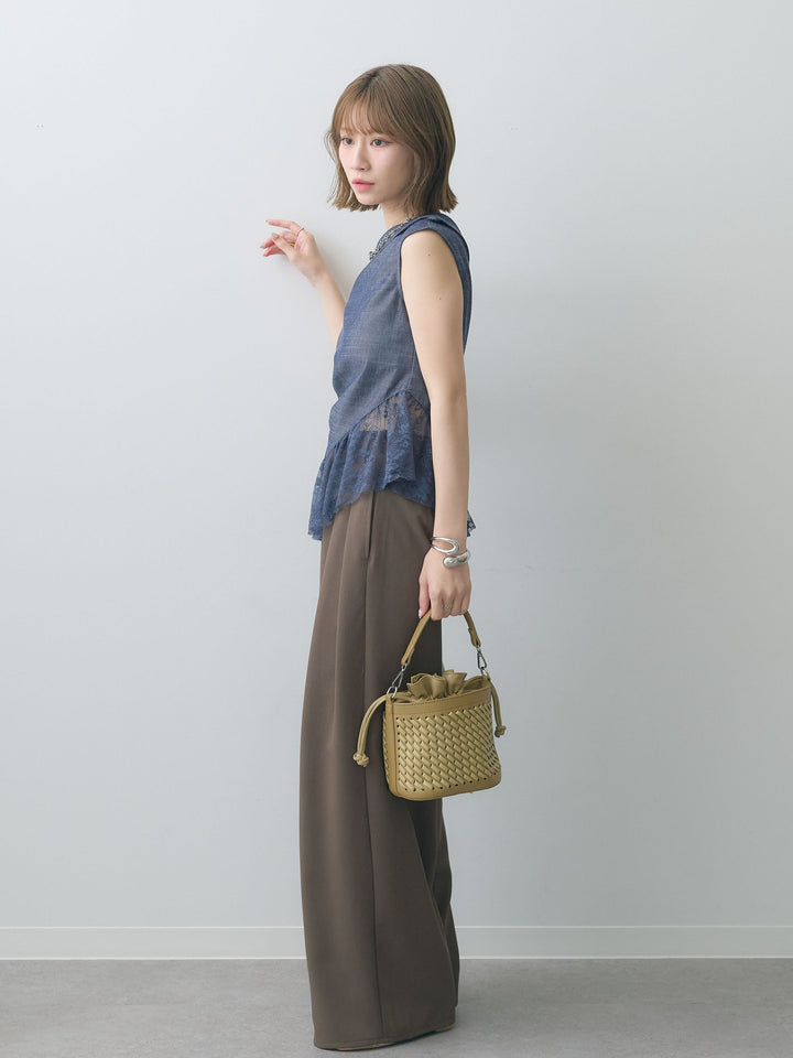 [SET]アシンメトリーラッフルレースヘムトップス+クレープデシンタックワイドパンツ(2set)