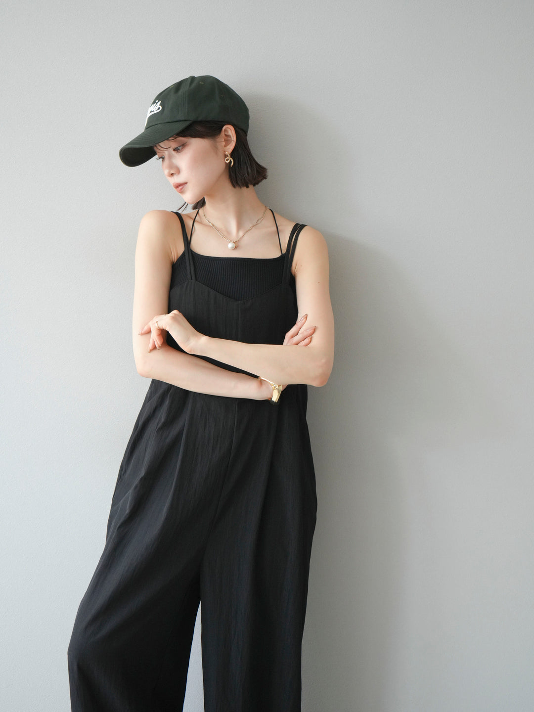 [SET]リネンライクビスチェデザインサロペット+ダブルストラップカットリブブラキャミソール(2set)