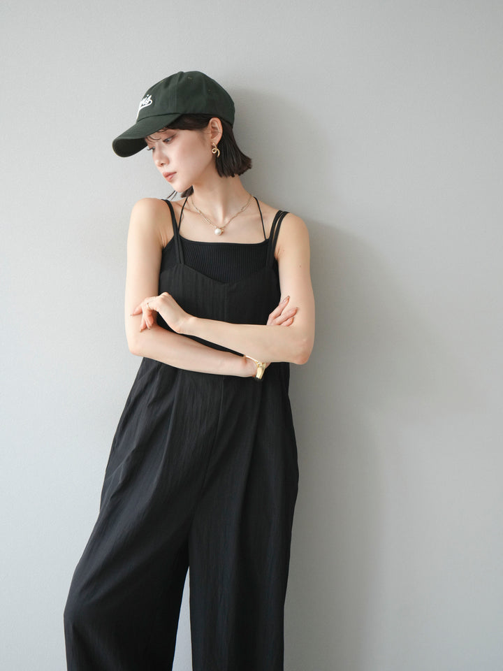 [SET]リネンライクビスチェデザインサロペット+ダブルストラップカットリブブラキャミソール(2set)