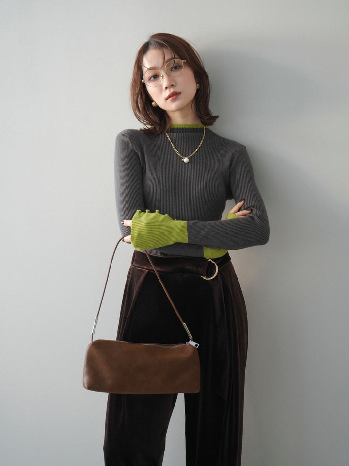 [SET]袖ボタンハイネック配色リブニットトップス+選べるアクセセット(2set)