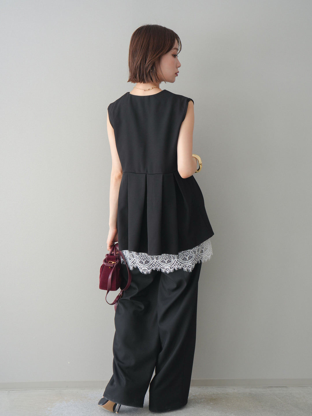 [予約]ウエストバイカラータックワイドパンツ/black