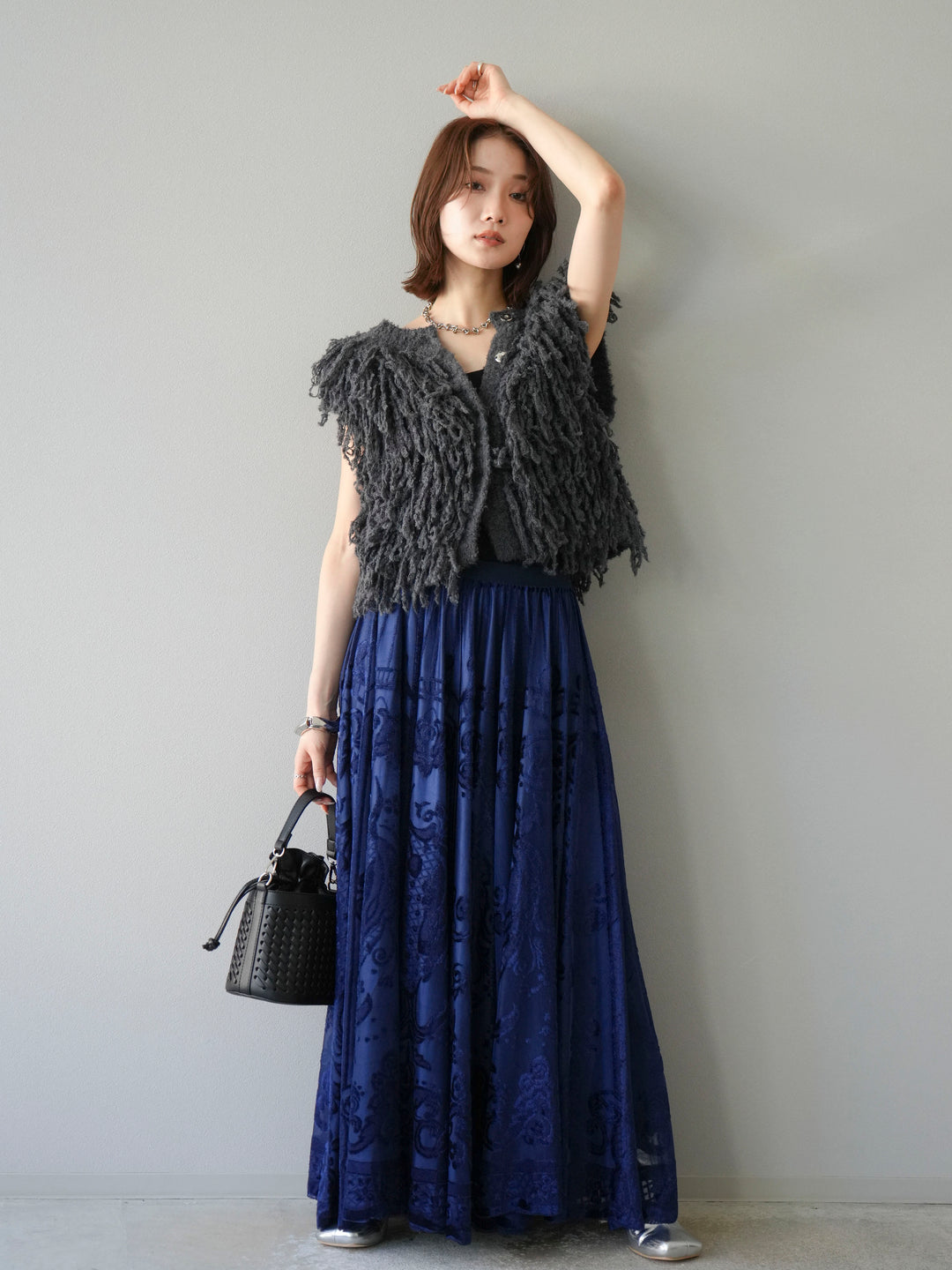 [SET]フリンジループニットベスト+アンティーク柄フロッキーマキシスカート(2set)