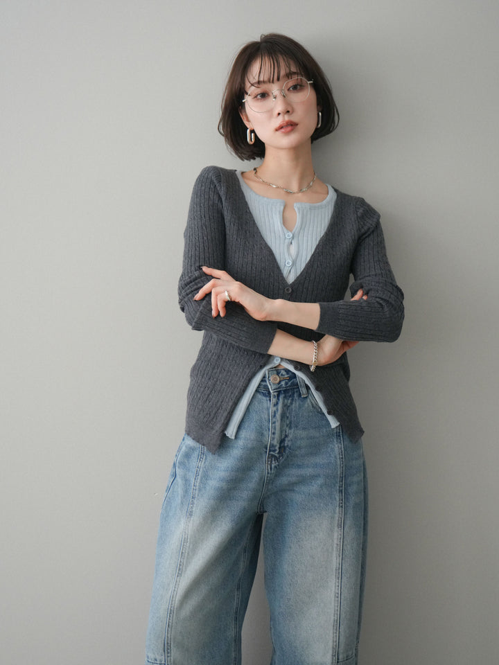 [予約]バイカラーレイヤードニットカーディガン/gray