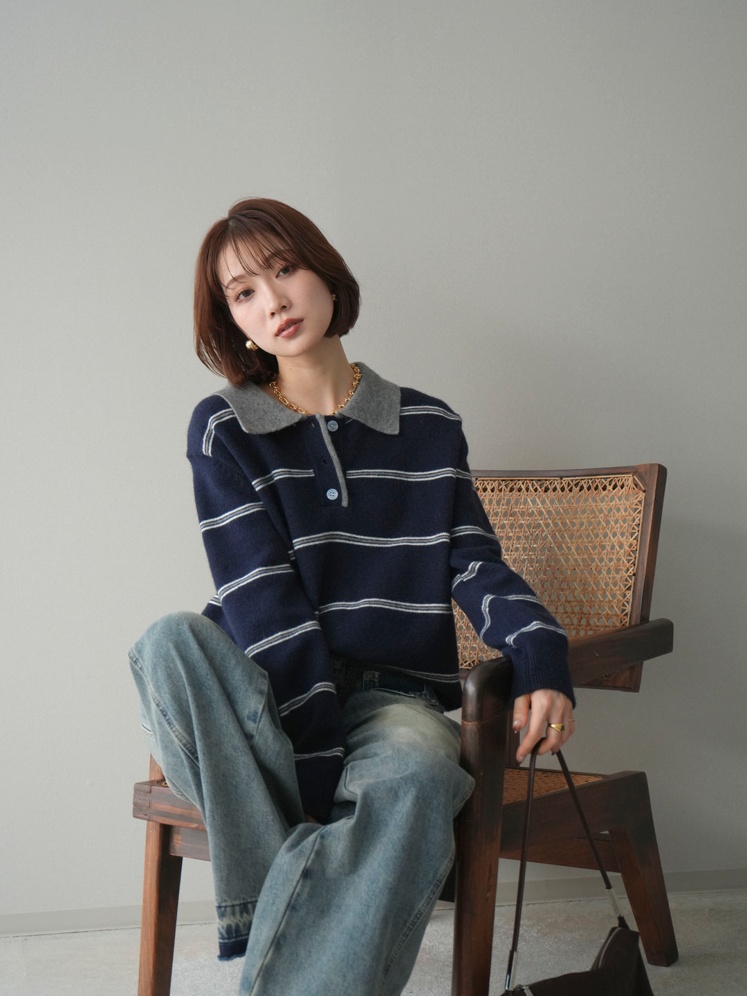 [予約]バイカラーボーダーポロニットプルオーバー/navy