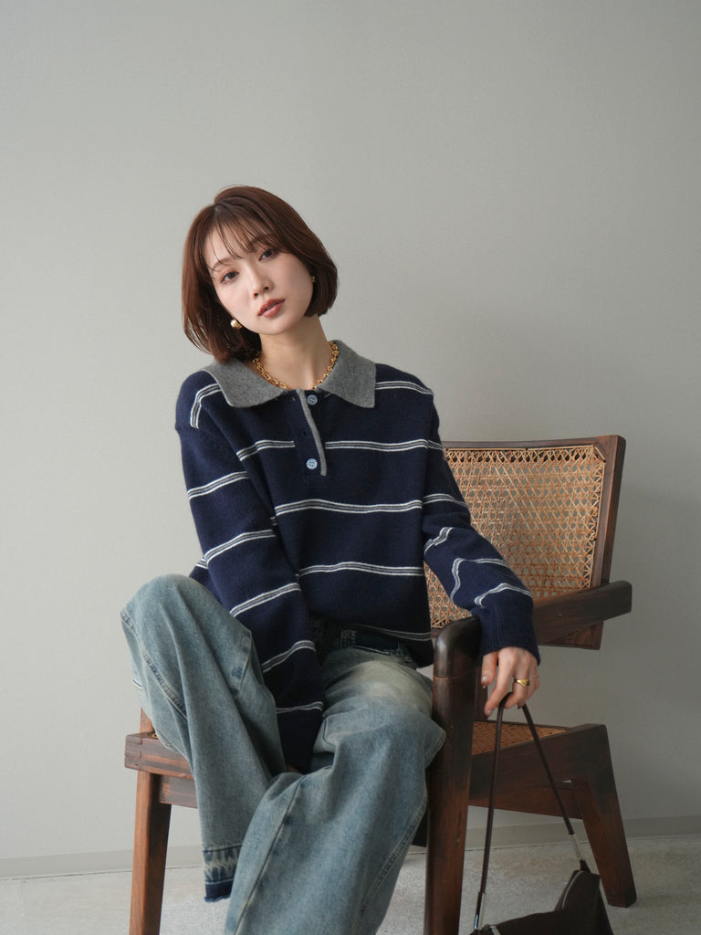 予約]バイカラーボーダーポロニットプルオーバー/navy – Lumier
