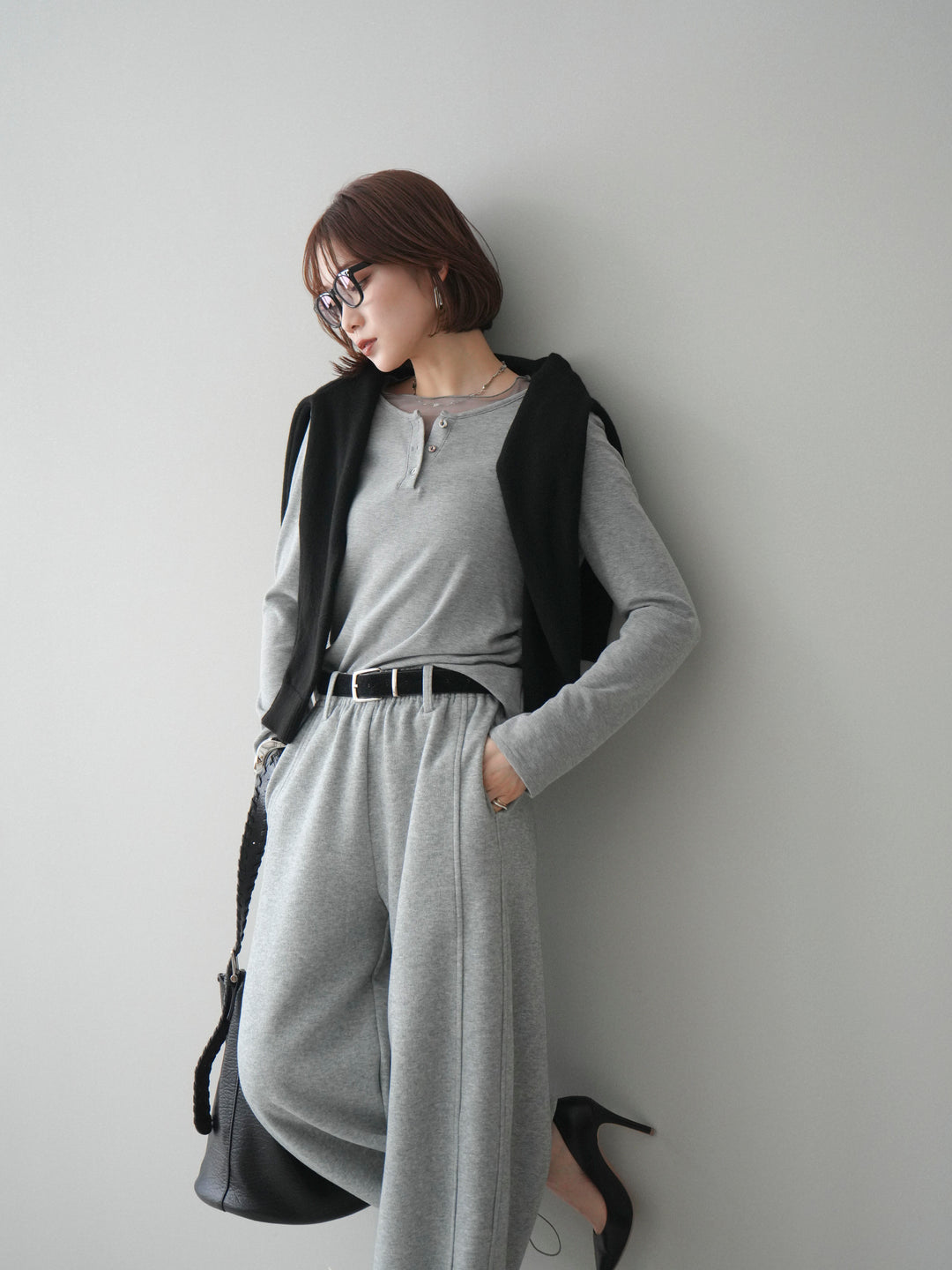 [予約]チュールレイヤードヘンリーネックカットソー/gray