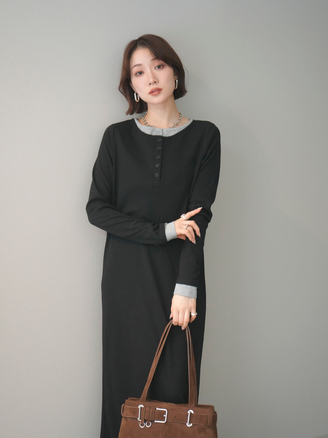 [予約]配色レイヤードヘンリーネックカットリブワンピース/black
