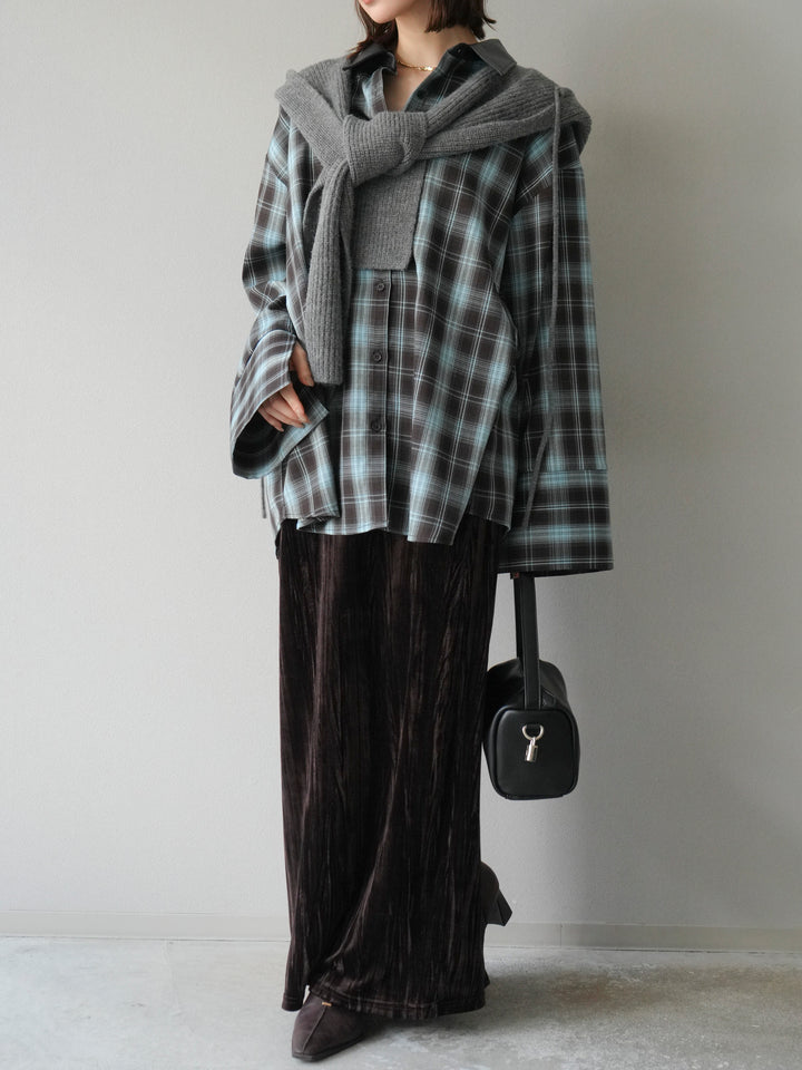 [SET]レザー襟オンブレチェックオーバーシャツ +クラッシュベロアナロースカート(2set)