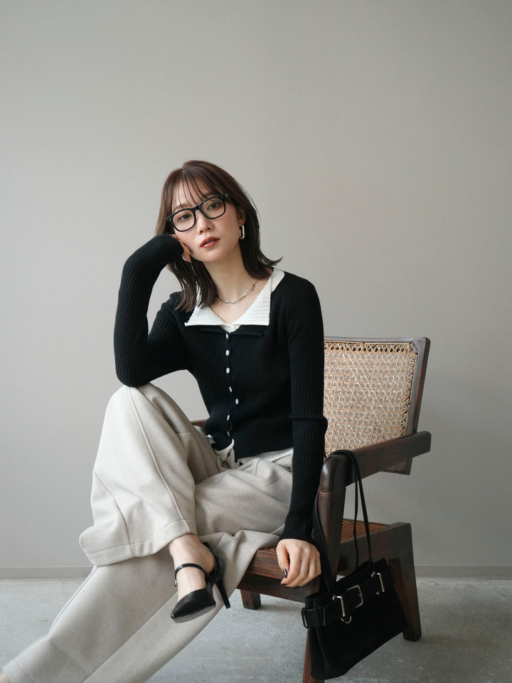 [予約]配色レイヤードリブニットカーディガン/black