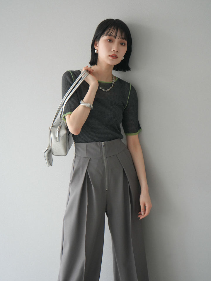 [予約]麻タッチ配色ニットハーフスリーブトップス/チャコール