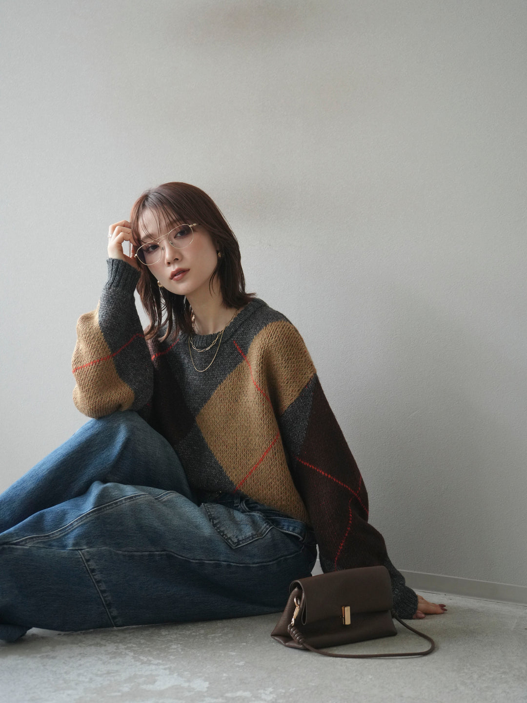 [SET]配色ステッチアーガイル柄ニットプルオーバー+ペインターカーブデニムパンツ(2set)