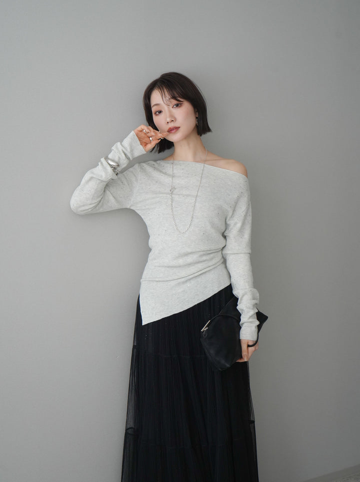 [予約]ラインストーンアシンメトリーニットトップス/gray