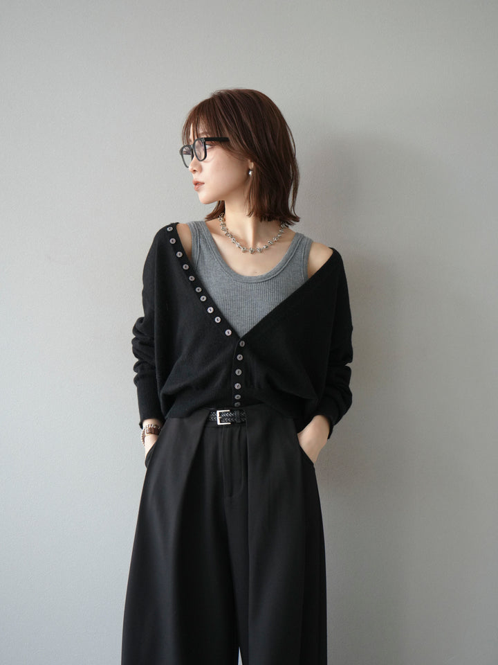 [SET]デザインボタンニットカーディガン＆タンクトップSET+ベルトループデザインワイドパンツ(2set)