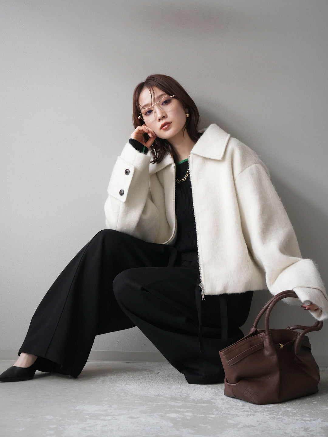 [予約]袖ビックループシャギージップブルゾン/ivory