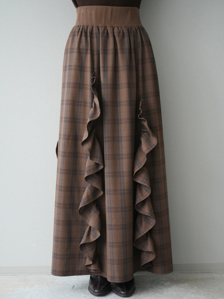 [予約]チェック柄フリルハイウエストマキシスカート/lightbrown