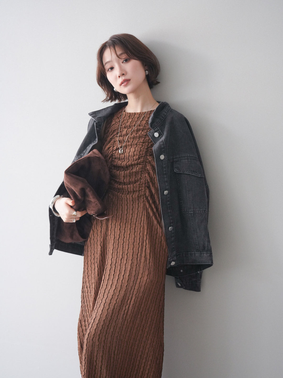 [予約]シャーリングジャガードノースリーブワンピース/brown