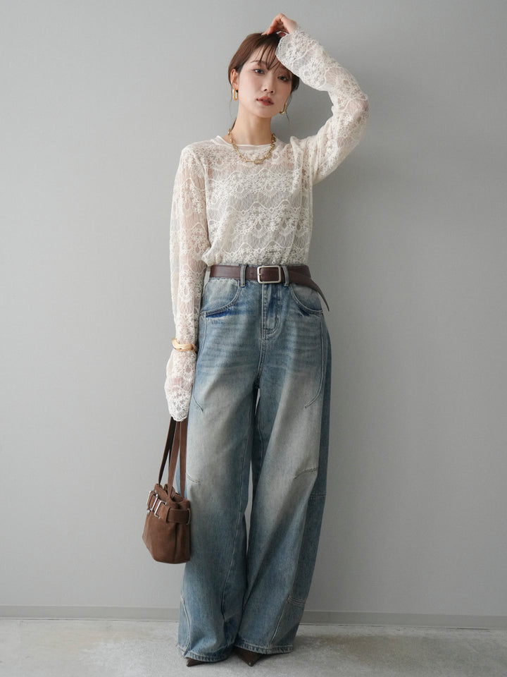 [SET]チュールレーストップス+ベルト付カーブデニムパンツ(2set)