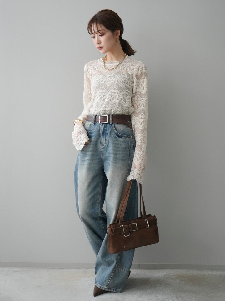 [SET]チュールレーストップス+ベルト付カーブデニムパンツ(2set)