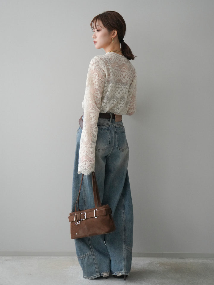 [SET]チュールレーストップス+ベルト付カーブデニムパンツ(2set)