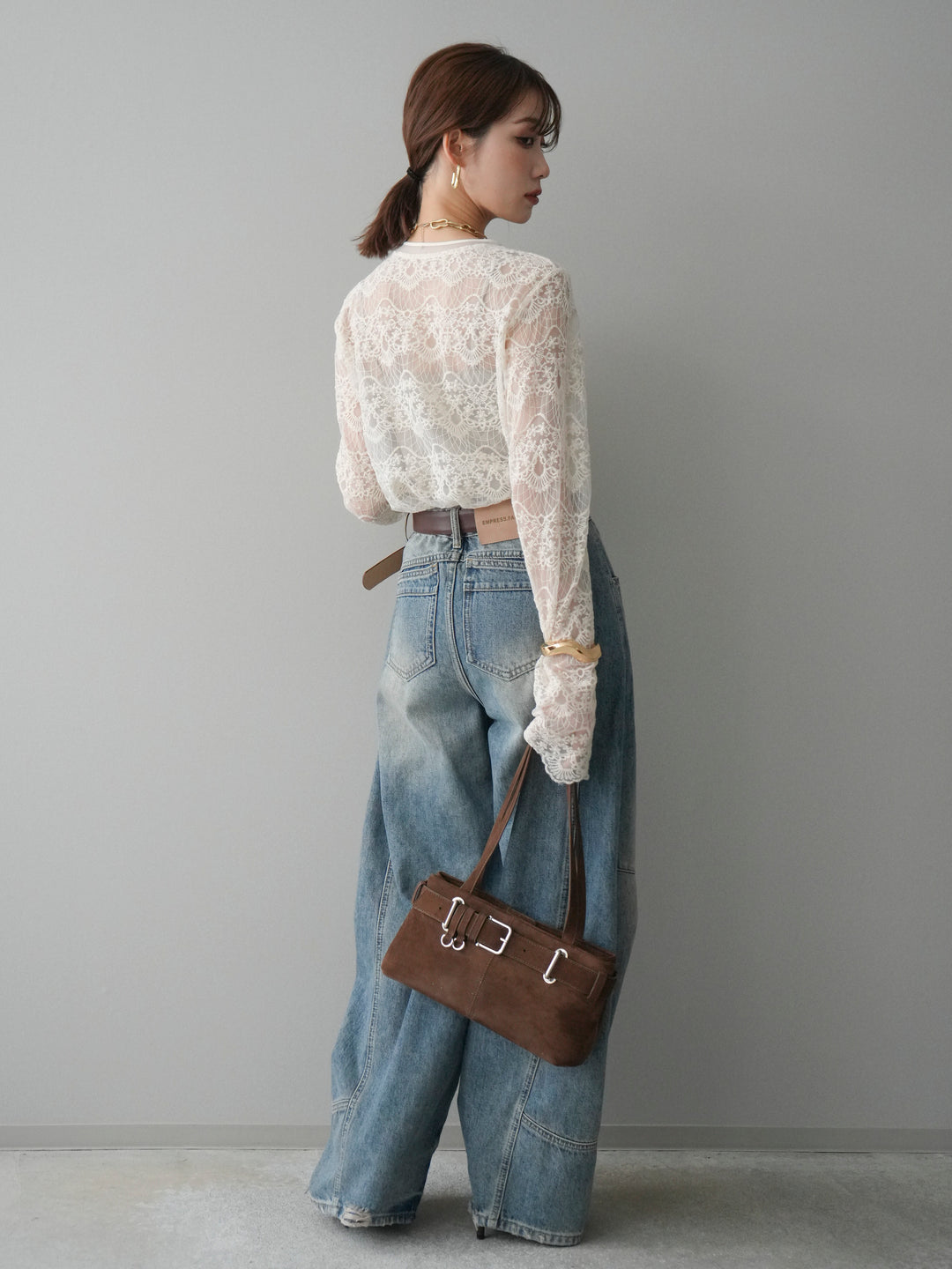 [SET]チュールレーストップス+ベルト付カーブデニムパンツ(2set)