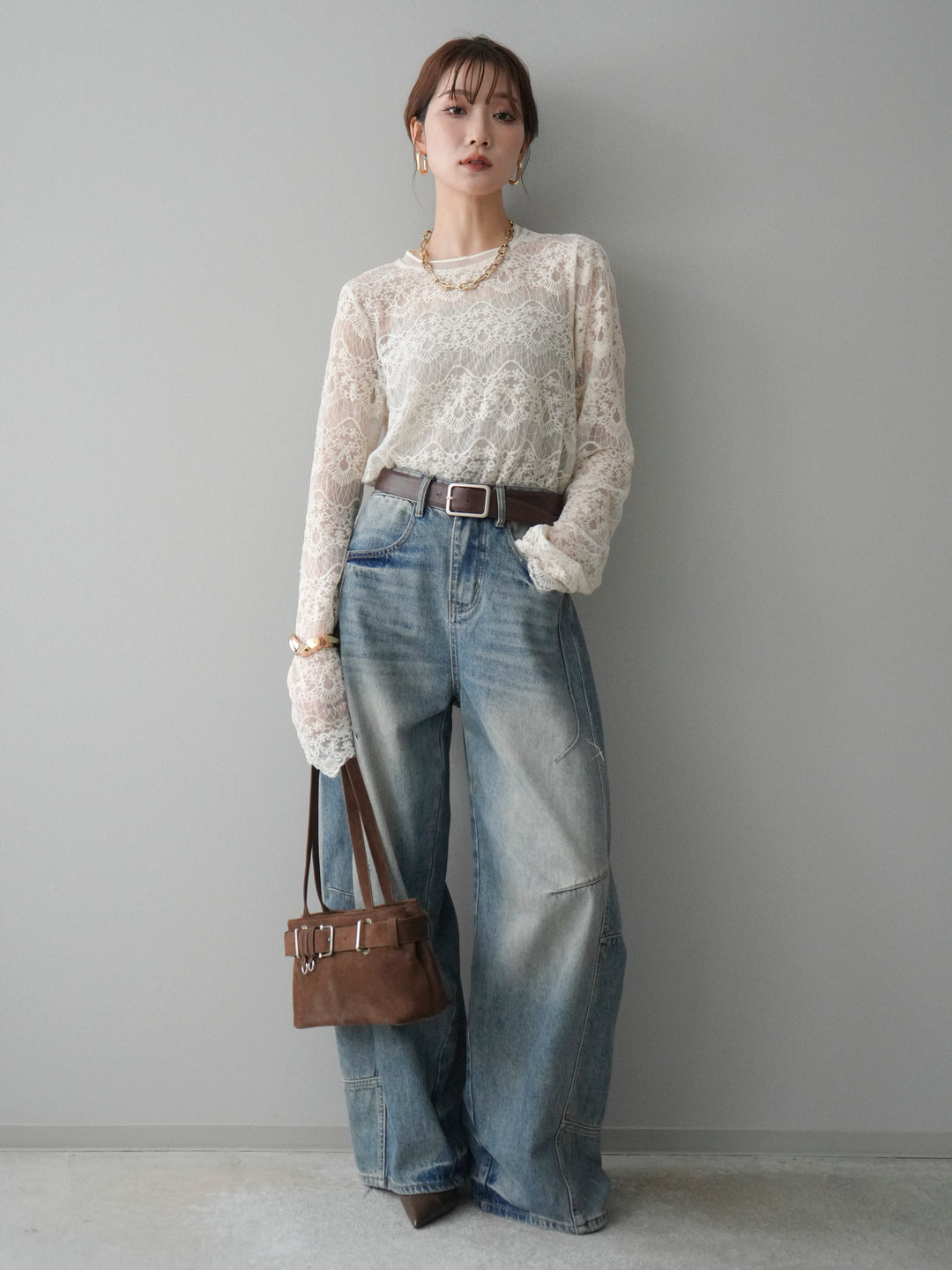 [SET]チュールレーストップス+ベルト付カーブデニムパンツ(2set)