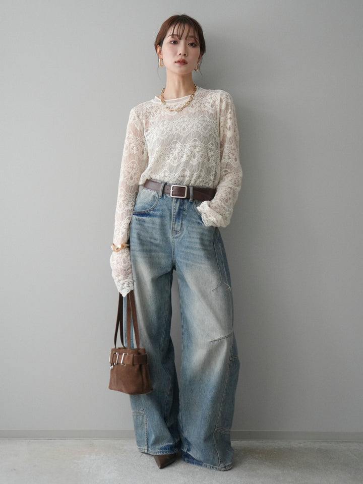 [SET]チュールレーストップス+ベルト付カーブデニムパンツ(2set)