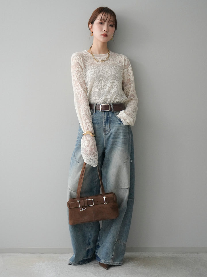 [SET]チュールレーストップス+ベルト付カーブデニムパンツ(2set)