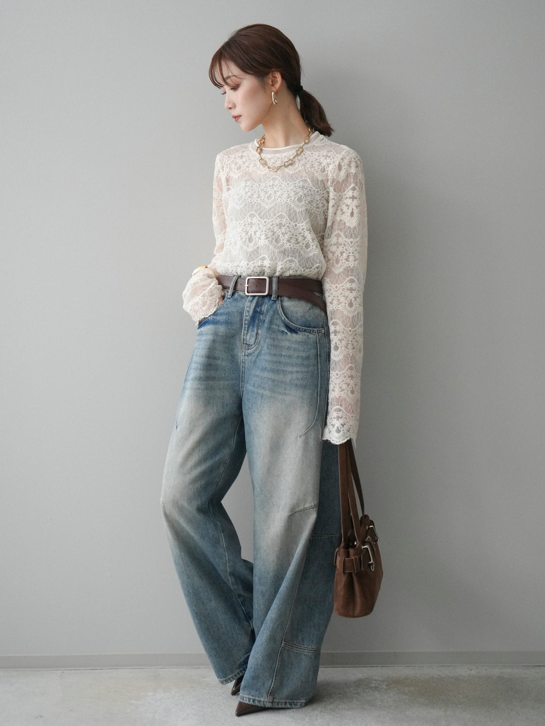 [SET]チュールレーストップス+ベルト付カーブデニムパンツ(2set)