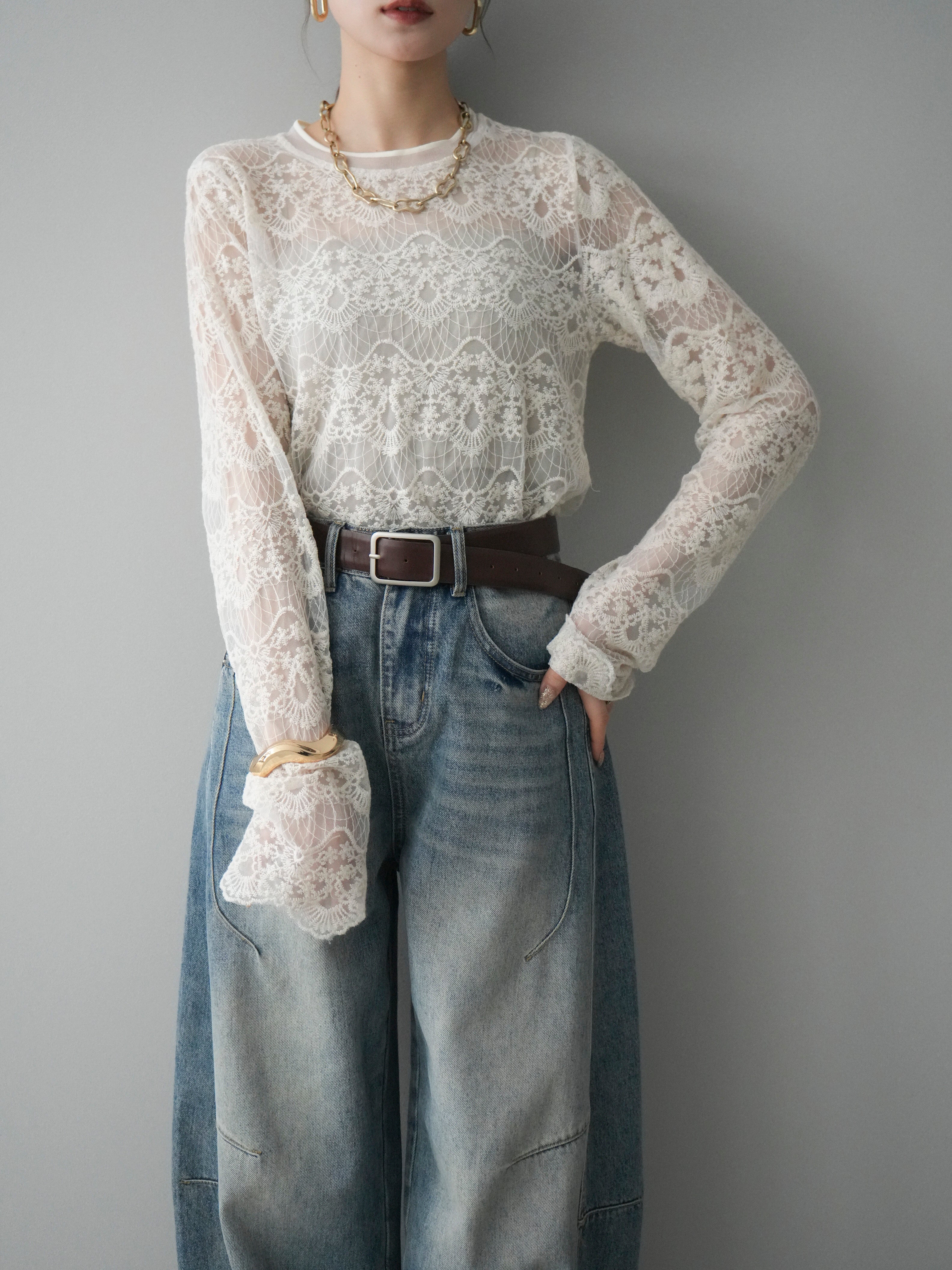 SET]チュールレーストップス+ベルト付カーブデニムパンツ(2set) – Lumier