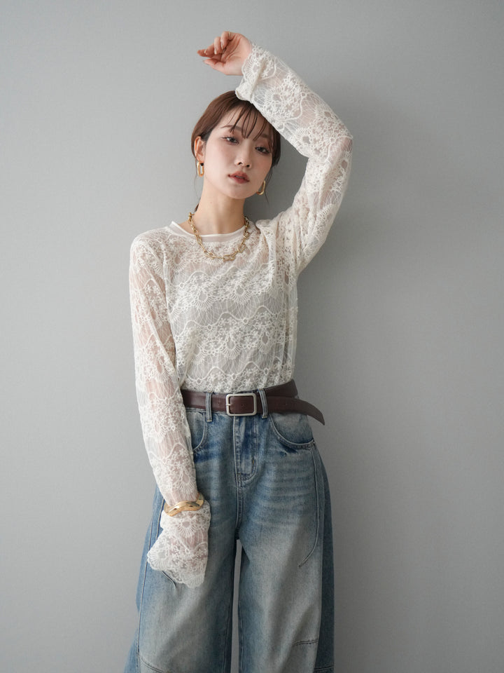 [SET]チュールレーストップス+ベルト付カーブデニムパンツ(2set)