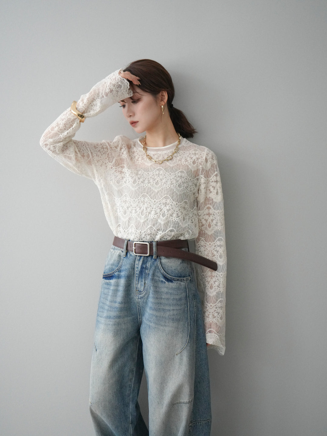 [SET]チュールレーストップス+ベルト付カーブデニムパンツ(2set)