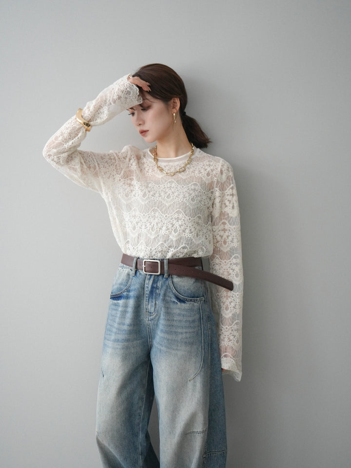 [SET]チュールレーストップス+ベルト付カーブデニムパンツ(2set)