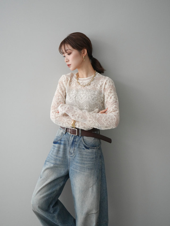 [SET]チュールレーストップス+ベルト付カーブデニムパンツ(2set)