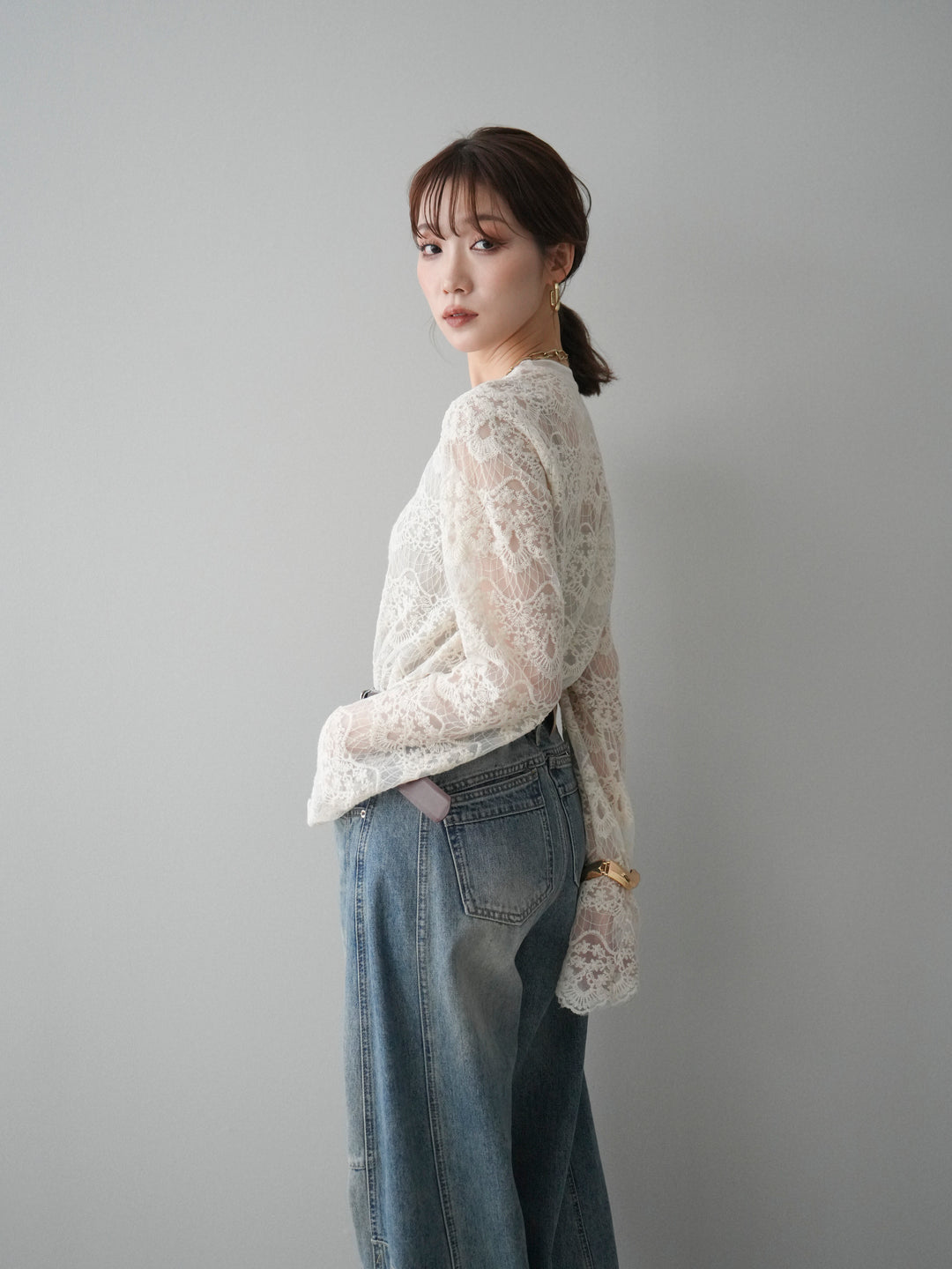 [SET]チュールレーストップス+ベルト付カーブデニムパンツ(2set)