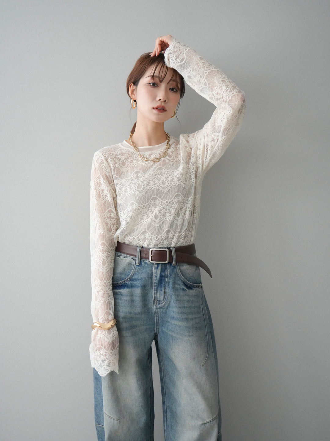 [SET]チュールレーストップス+ベルト付カーブデニムパンツ(2set)