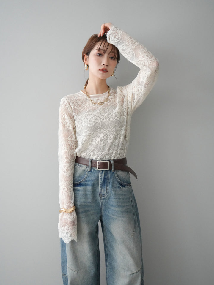 [SET]チュールレーストップス+ベルト付カーブデニムパンツ(2set)