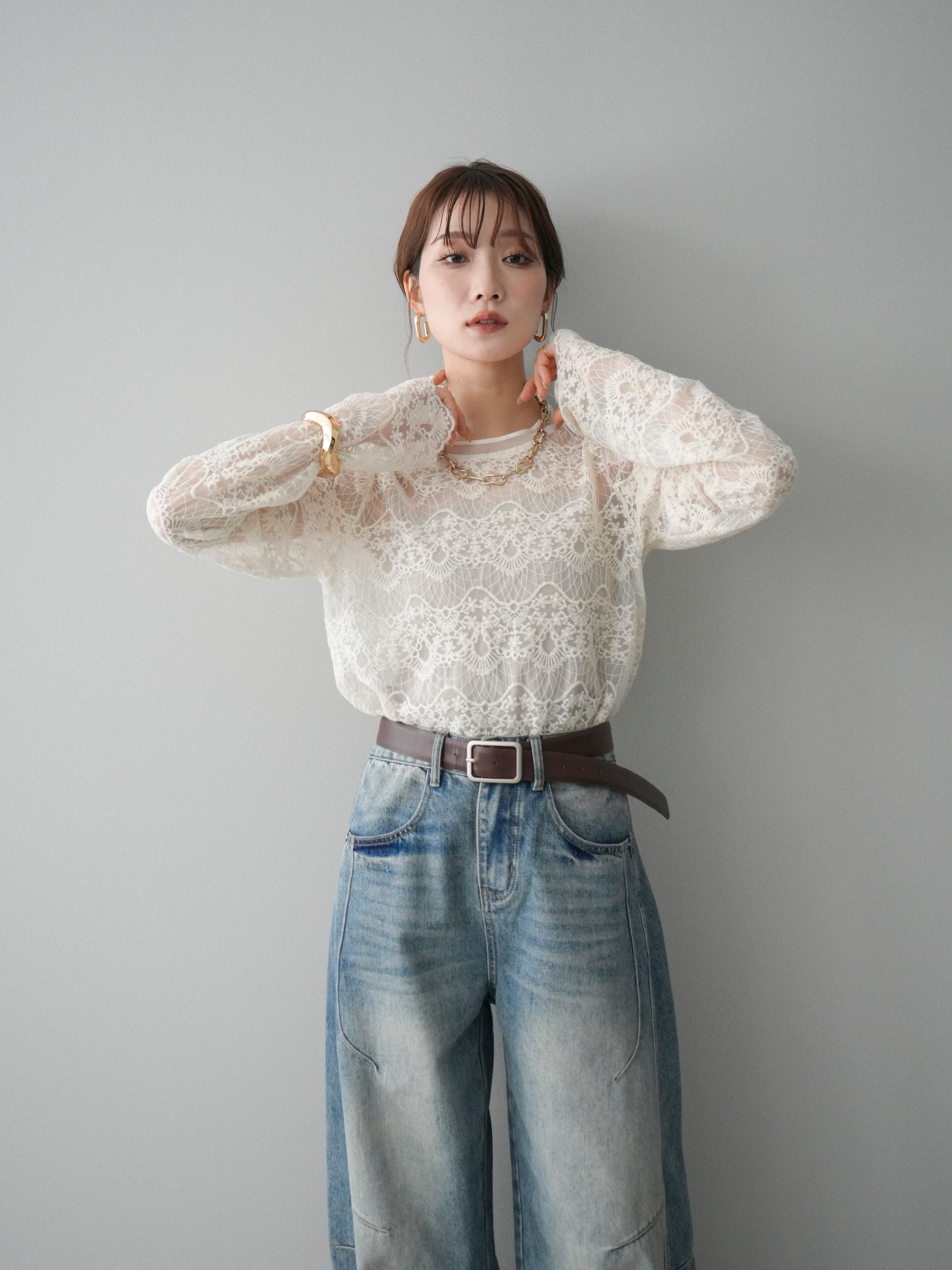 SET]チュールレーストップス+ベルト付カーブデニムパンツ(2set) – Lumier