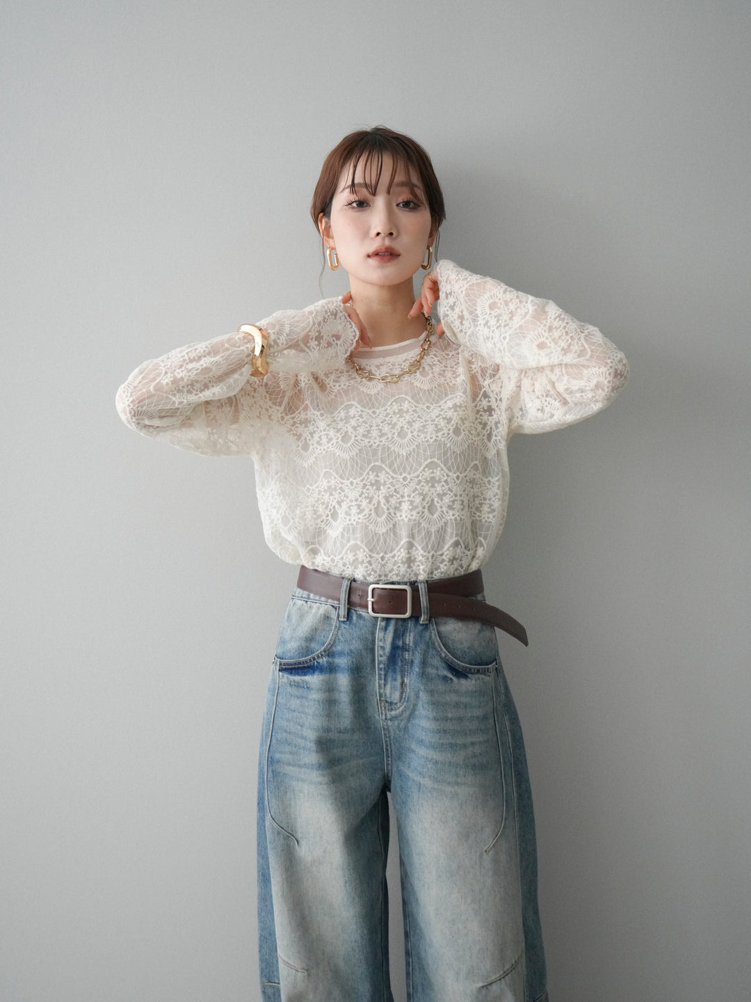 [SET]チュールレーストップス+ベルト付カーブデニムパンツ(2set)