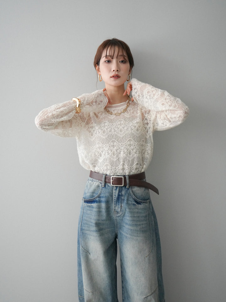 [SET]チュールレーストップス+ベルト付カーブデニムパンツ(2set)