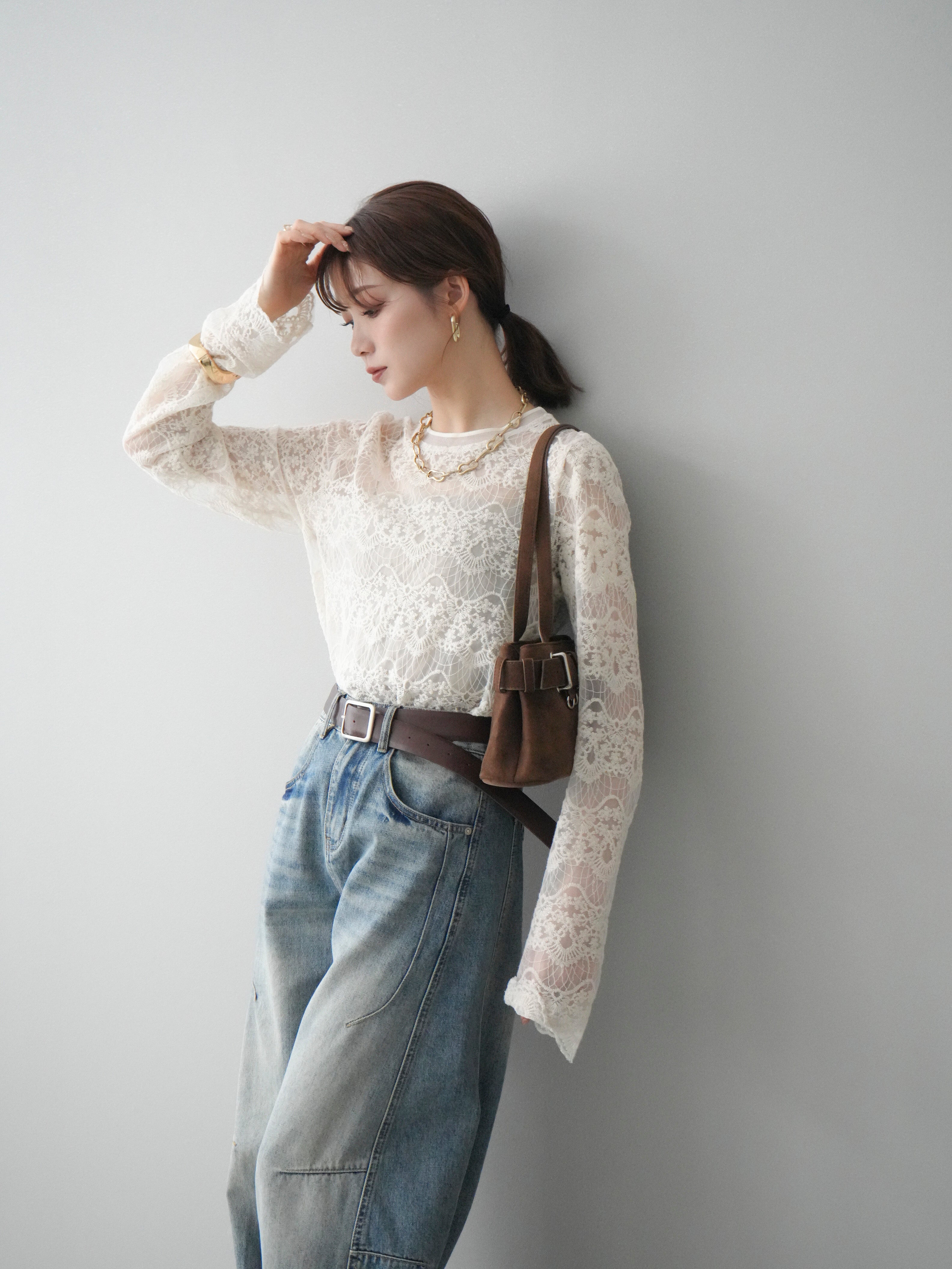 SET]チュールレーストップス+ベルト付カーブデニムパンツ(2set) – Lumier