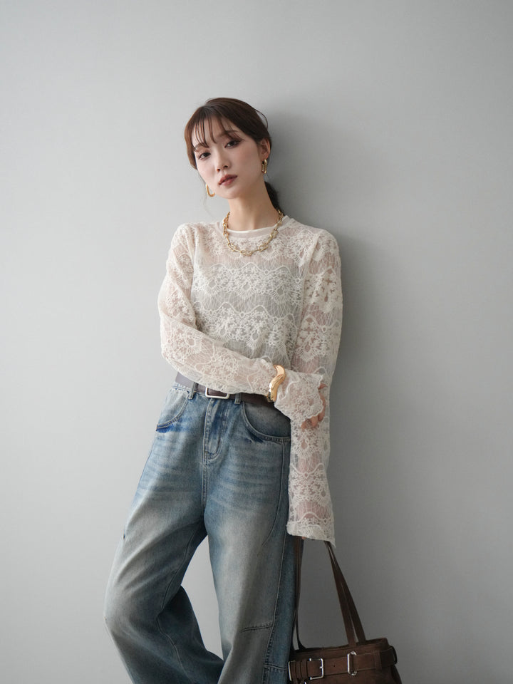 [SET]チュールレーストップス+ベルト付カーブデニムパンツ(2set)